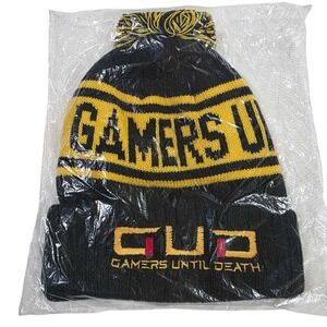 GUD Gamers Until Death Knit Beanie Pom Pom Hat Black Yellow Logo Winter New